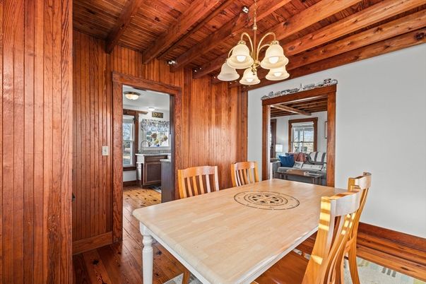 Chandelier, Dining room, Interior, Wooden Beams, Wooden Ceilings, Wood Texture Flooring, Wooden Walls