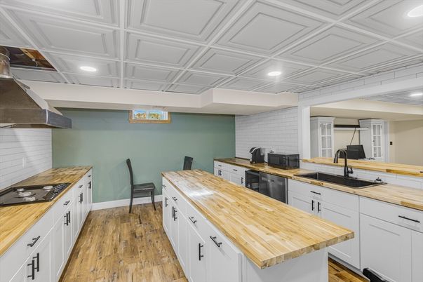 Interior, Kitchen, Recessed Lighting, Stone Walls, Wood Texture Flooring