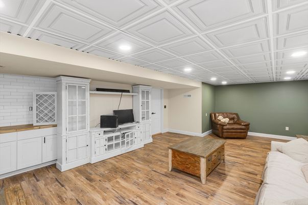 Interior, Recessed Lighting, Stone Walls, Wood Texture Flooring
