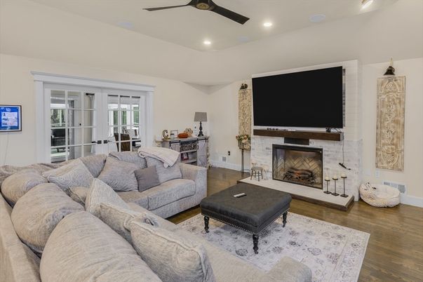 Fireplace, Interior, Living room, Recessed Lighting, Wood Texture Flooring