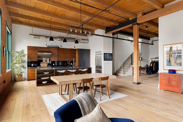 Dining room, Interior, Kitchen, Pendant Lights, Stainless Steel Appliances, Wooden Beams, Wooden Ceilings, Wood Texture Flooring