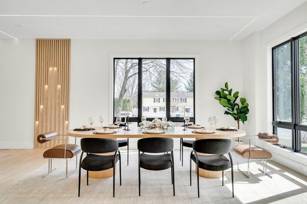 Dining room, Interior, Pendant Lights, Wood Texture Flooring