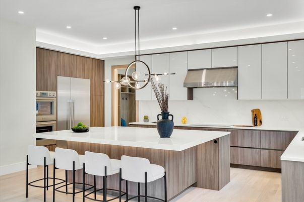 Interior, Kitchen, Pendant Lights, Recessed Lighting, Stainless Steel Appliances, Wood Texture Flooring
