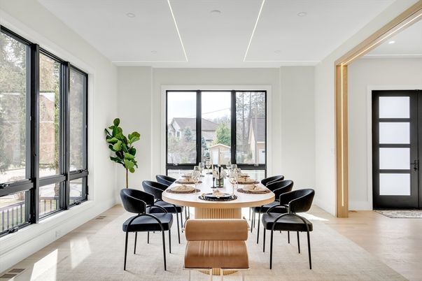 Dining room, Interior, Recessed Lighting, Wood Texture Flooring