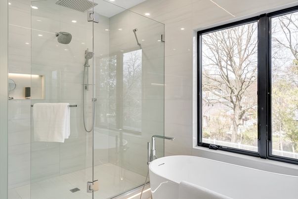 Bathroom, Free Standing Baths, Glass Shower, Interior, Marble Walls, Recessed Lighting