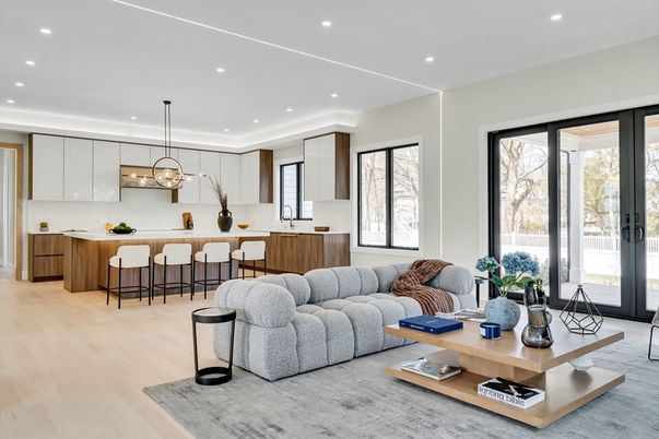 Interior, Kitchen, Living room, Pendant Lights, Recessed Lighting, Wood Texture Flooring