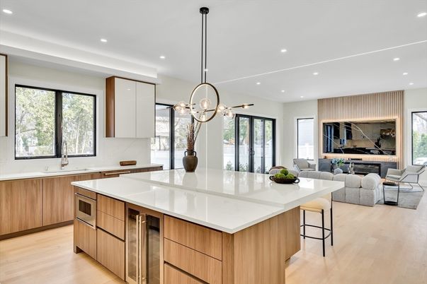Fireplace, Interior, Kitchen, Living room, Pendant Lights, Recessed Lighting, Wood Texture Flooring