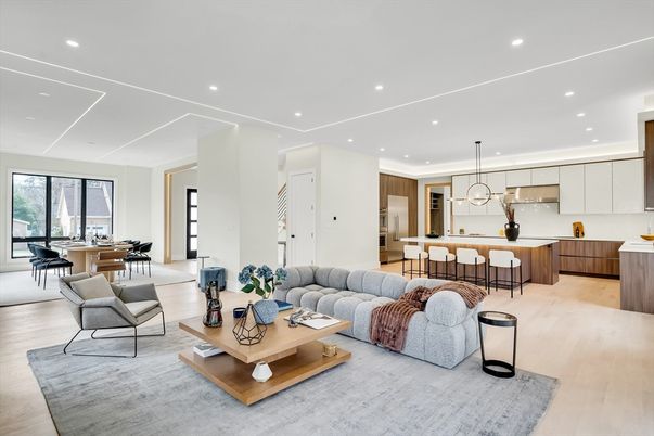 Dining room, Interior, Kitchen, Living room, Pendant Lights, Recessed Lighting, Stainless Steel Appliances, Wood Texture Flooring