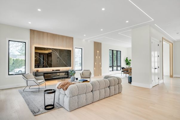 Interior, Living room, Marble Walls, Recessed Lighting, Wood Texture Flooring