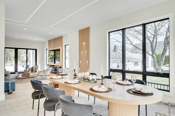Dining room, Interior, Living room, Recessed Lighting, Wood Texture Flooring