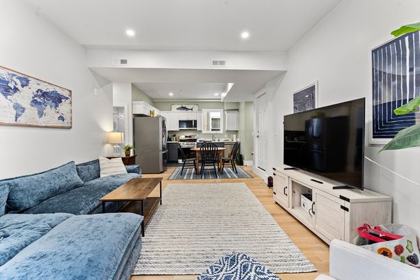 Dining room, Interior, Kitchen, Living room, Recessed Lighting, Stainless Steel Appliances, Wood Texture Flooring