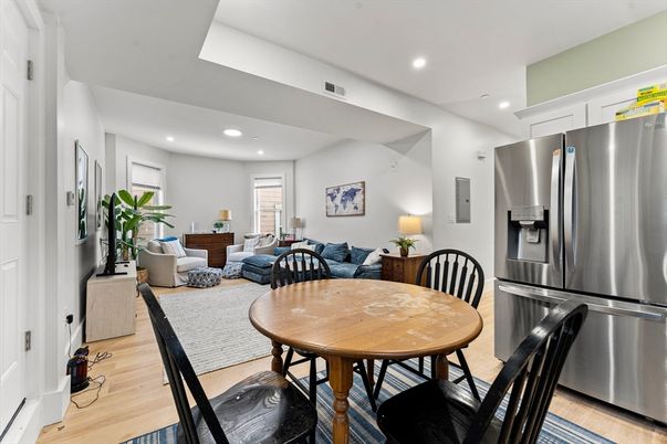 Dining room, Interior, Kitchen, Living room, Recessed Lighting, Stainless Steel Appliances, Wood Texture Flooring