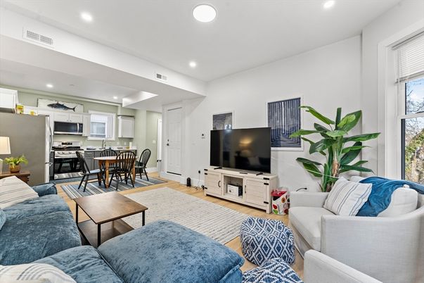Dining room, Interior, Kitchen, Living room, Recessed Lighting, Stainless Steel Appliances, Wood Texture Flooring