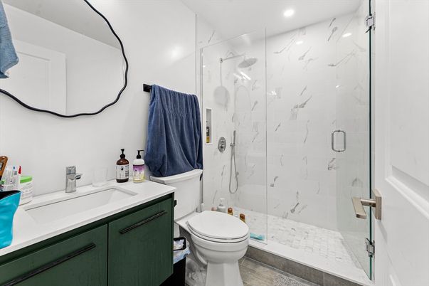 Bathroom, Glass Shower, Interior, Marble Walls, Recessed Lighting