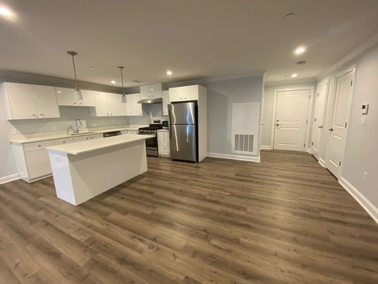 Interior, Kitchen, Pendant Lights, Recessed Lighting, Stainless Steel Appliances, Wood Texture Flooring
