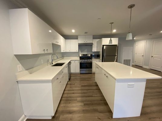 Interior, Kitchen, Pendant Lights, Recessed Lighting, Stainless Steel Appliances, Wood Texture Flooring
