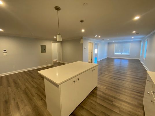 Empty room, Interior, Kitchen, Pendant Lights, Recessed Lighting, Wood Texture Flooring