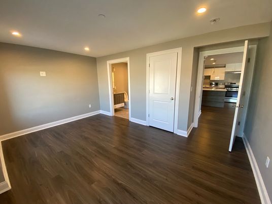 Empty room, Interior, Kitchen, Recessed Lighting, Wood Texture Flooring