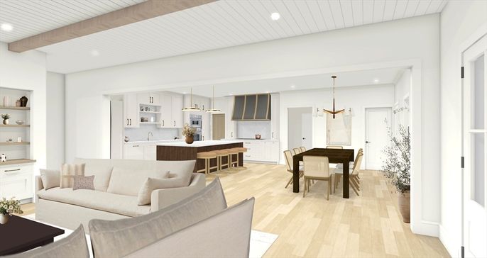 Dining room, Interior, Kitchen, Living room, Pendant Lights, Recessed Lighting, Stainless Steel Appliances, Wooden Beams, Wood Texture Flooring