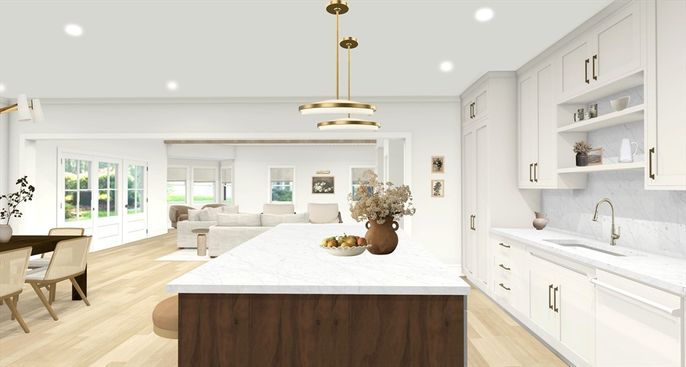 Interior, Kitchen, Living room, Pendant Lights, Recessed Lighting, Wood Texture Flooring