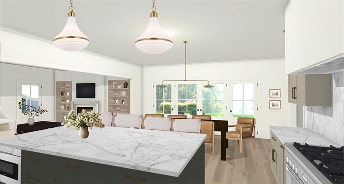 Dining room, Fireplace, Interior, Kitchen, Living room, Pendant Lights, Wood Texture Flooring
