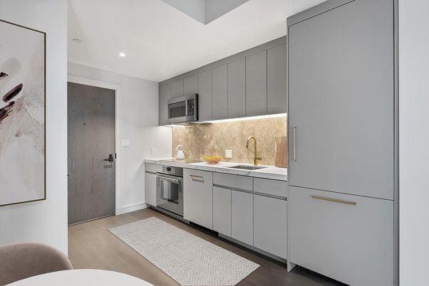 Interior, Kitchen, Recessed Lighting, Stainless Steel Appliances, Wood Texture Flooring