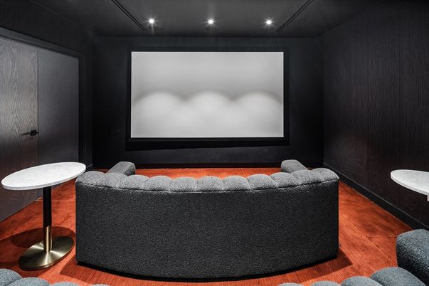 Interior, Projection Screen, Recessed Lighting, Theatre Room, Wood Texture Flooring