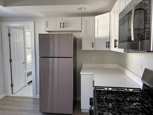 Interior, Kitchen, Marble, Recessed Lighting, Wood Texture Flooring