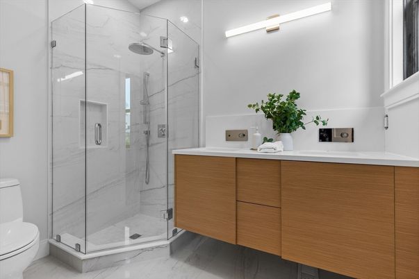 Bathroom, Dual Sink Vanities, Glass Shower, Interior, Marble, Marble Walls