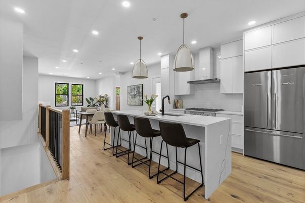 Dining room, Interior, Kitchen, Pendant Lights, Recessed Lighting, Stainless Steel Appliances, Wood Texture Flooring
