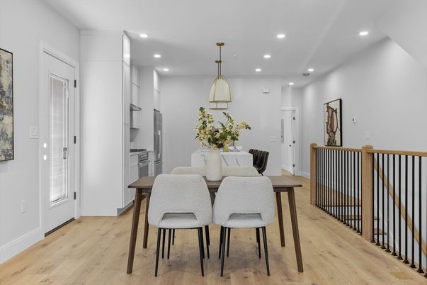 Dining room, Interior, Kitchen, Pendant Lights, Recessed Lighting, Wood Texture Flooring