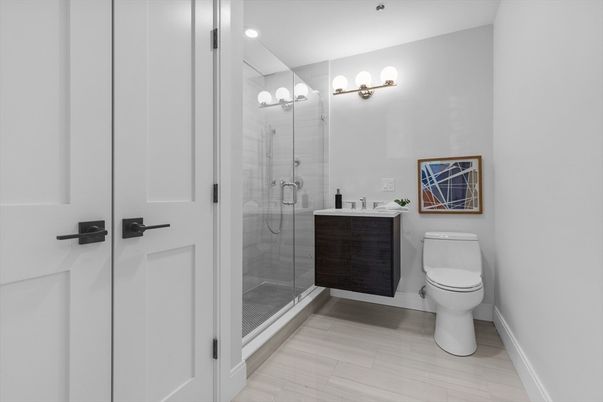Bathroom, Glass Shower, Interior, Recessed Lighting, Wood Texture Flooring