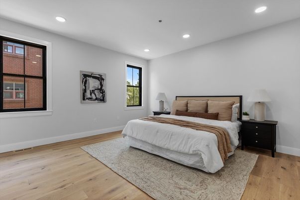 Bedroom, Interior, Recessed Lighting, Wood Texture Flooring