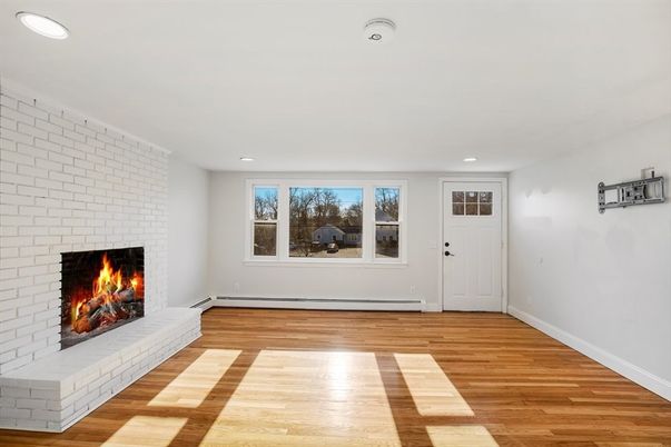 Empty room, Fireplace, Interior, Recessed Lighting, Wood Texture Flooring