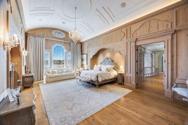 Bedroom, Chandelier, Interior, Wood Texture Flooring, Wooden Walls
