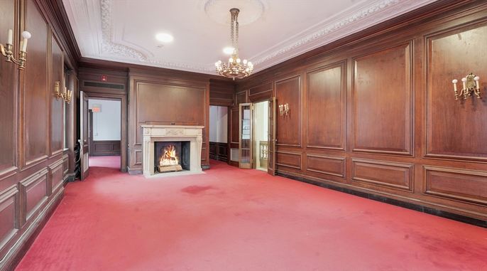 Chandelier, Empty room, Fireplace, Interior, Recessed Lighting, Wooden Walls