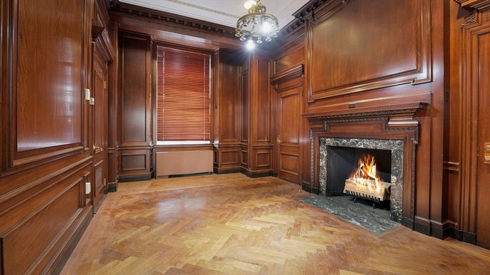 Fireplace, Interior, Pendant Lights, Wood Texture Flooring, Wooden Walls