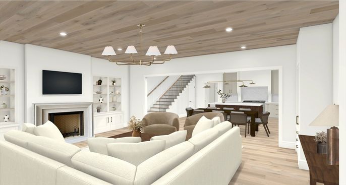 Chandelier, Dining room, Fireplace, Interior, Living room, Recessed Lighting, Wooden Ceilings, Wood Texture Flooring