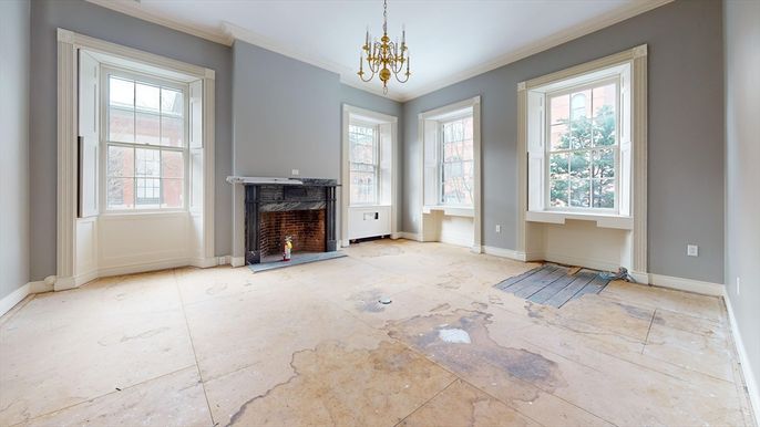 Chandelier, Empty room, Fireplace, Interior