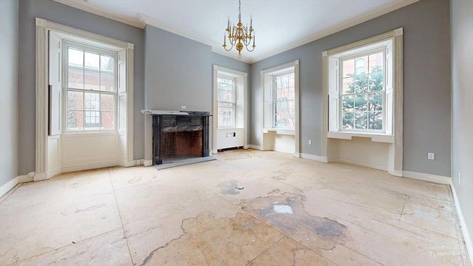 Chandelier, Empty room, Fireplace, Interior