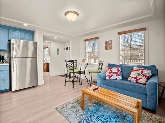 Dining room, Interior, Kitchen, Living room, Recessed Lighting, Stainless Steel Appliances, Wood Texture Flooring