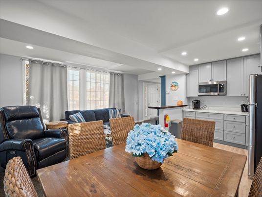 Dining room, Interior, Kitchen, Living room, Recessed Lighting, Stainless Steel Appliances, Wood Texture Flooring
