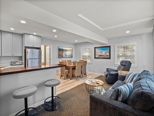 Dining room, Interior, Kitchen, Living room, Recessed Lighting, Stainless Steel Appliances, Wood Texture Flooring