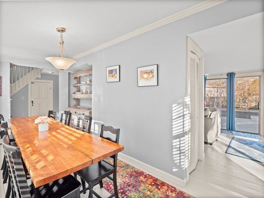 Dining room, Interior, Pendant Lights, Wood Texture Flooring