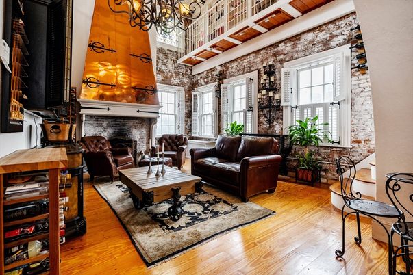 Chandelier, Fireplace, Interior, Living room, Stone Walls, Wood Texture Flooring