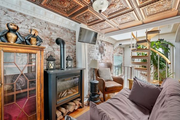 Fireplace, Interior, Living room, Stone Walls, Wood Texture Flooring