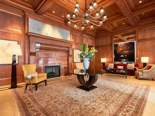 Chandelier, Fireplace, Interior, Living room, Recessed Lighting, Wooden Beams, Wooden Ceilings, Wooden Walls