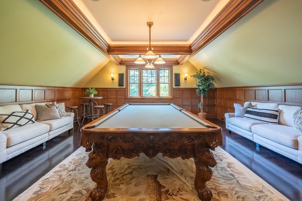 Billiard Table, Game Room, Interior, Pendant Lights, Wood Texture Flooring, Wooden Walls