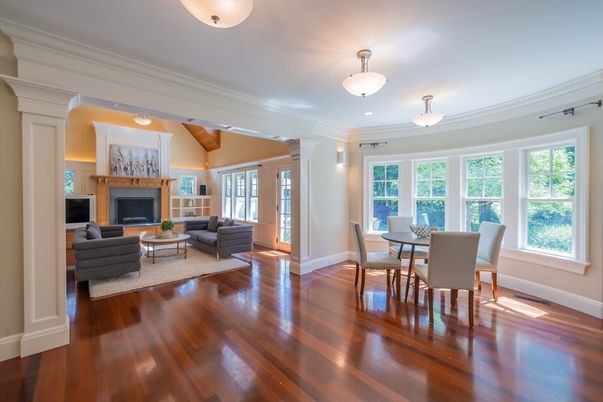 Dining room, Fireplace, Interior, Living room, Pendant Lights, Wood Texture Flooring