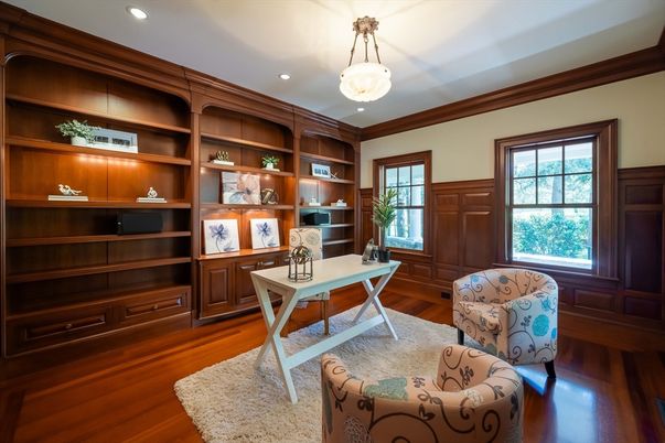 Home Office, Interior, Pendant Lights, Recessed Lighting, Wood Texture Flooring
